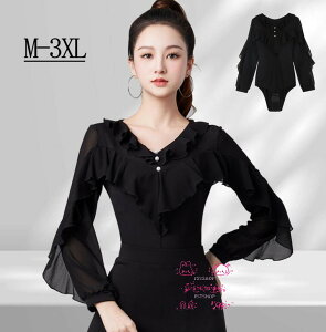 モダン ダンスウェア レオタード ラテンダンス ダンス衣装トップスVネック社交ダンス 長袖フラメンコ 衣装 フレア袖 ブラウス ダンス着レッスン着ステージ衣装ブラック タンゴ ポールダン