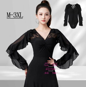 ラテンダンス レオタードモダン ダンスウェア ダンス衣装トップスVネック社交ダンス 長袖フラメンコ 衣装 フリル袖 ブラウス ダンス着レッスン着ステージ衣装ブラック タンゴ ポールダン