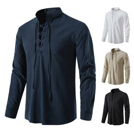 ハロウィンコスプレ衣装メンズヘンリーシャツ 長袖シャツ コスチューム仮装ルネッサンス 中世紀欧風 貴族 クリスマス 万聖節 余興 文化祭 演劇 発表会 学園祭パンクシャツ ひも付き マジシャン オペラ 社交ダンストップス舞台ステージ衣装 cosplay パーティー イベント