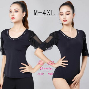 ラテンダンス レオタード モダン ダンスウェア五分袖ダンス衣装トップス クルーネック社交ダンス フラメンコ 衣装フリル ブラウス ダンス着レッスン着ステージ衣装ブラック タンゴ ポール