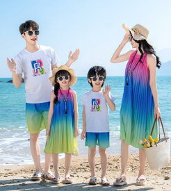 海辺親子ペア セットアップ親子お揃い上下セット親子コーデ半袖Tシャツ虹色ノースリーブワンピース親子ペアルック親子服メンズ レディースママ パパ子供カップル夏休みガールズ男の子キッズ女の子ドレス Tシャツ夏ビーチ沖縄旅行リゾート結婚式 父の日ハワイ 子供服プリーツ