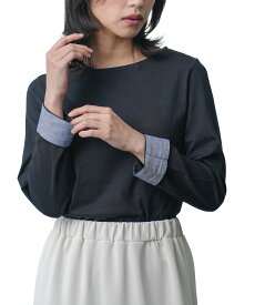 【当店人気ITEM★送料無料】ボーダー 綿100％デニム袖Tシャツ ボートネック カットソー ボーダーT ロンT 黒 無地 M L LL 薄手 トップス 長袖 tシャツ レディース 綿100% コットン 春 夏 秋 冬 ミリアンデニ