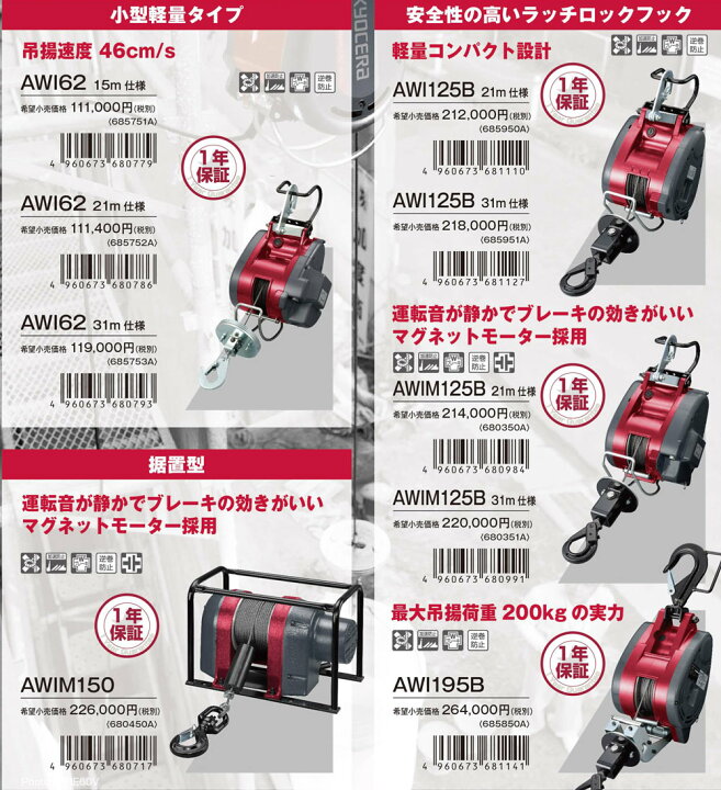 楽天市場】【京セラ】ウインチ AWI62（ワイヤー21m）最大荷重 60kg 