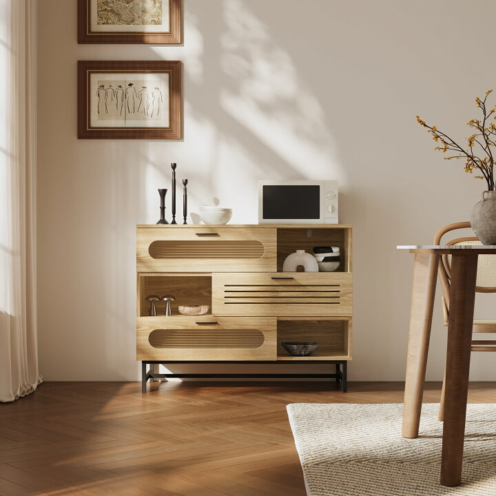 楽天市場】キャビネット サイドボード LEDライト付き 幅100cm 木目調  