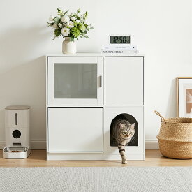 猫 トイレ 収納 シェルフ キャットウォーク 棚 猫トイレ収納ラック トイレ隠し カバー キャビネット 家具 おしゃれ 両開き 隠せる 猫砂 飛び散り防止 猫用 リビング 幅100cm 奥行50cm 高さ100cm 木製 ホワイト