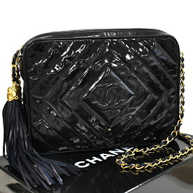 【中古】シャネル チェーンショルダーバッグ ココマーク ダイヤステッチ パテントレザー ブラック ネイビー タッセル CHANEL [送料無料]