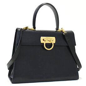 【中古】サルヴァトーレフェラガモ 2way ハンドバッグ ショルダー ガンチーニ レザー ネイビー Salvatore Ferragamo [送料無料]