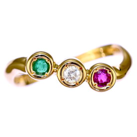 【中古】新品同様 リング 指輪 K18 イエローゴールド ダイヤモンド 0.05ct ルビー 0.06ct エメラルド 0.048ct 10号 ジュエリー [美品][送料無料]