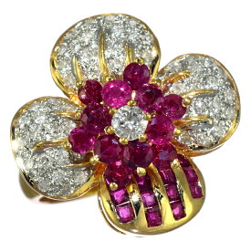【中古】新品同様 フラワー ダンシングストーン リング 指輪 K18イエローゴールド ルビー 1.05ct ダイヤモンド 0.52ct 13号 ジュエリー [美品][送料無料]