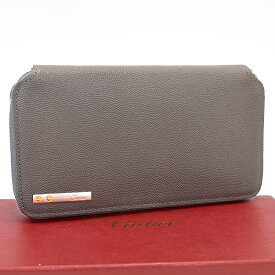 【中古】未使用品 カルティエ サントス ラウンドファスナー 長財布 L3001445 グレー レザー CARTIER [美品] [送料無料]
