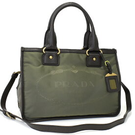 【中古】プラダ 2way トート ハンドバッグ BR4795 ナイロン ジャガード ロゴ レザー フーモ グリーン トライアングルロゴプレート ゴールド金具 PRADA[美品][送料無料]