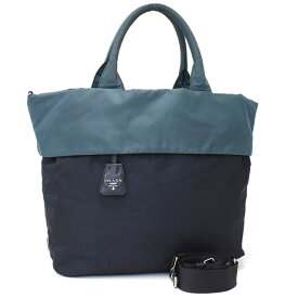 【中古】プラダ 2way リバーシブル トートバッグ BN1958 TESSUTO DOUBLE テスートナイロン グリーン ネイビー トライアングルロゴプレート PRADA[美品][送料無料]