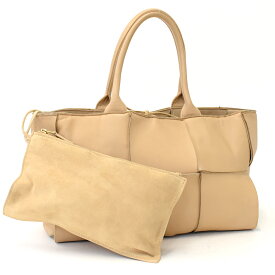 【中古】ボッテガヴェネタ トートバッグ アルコスモール マキシイントレチャート レザー ベージュ BOTTEGA VENETA [送料無料]
