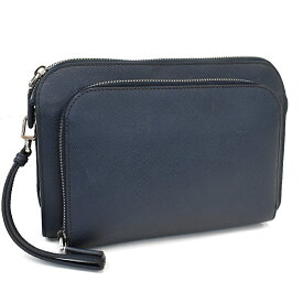 【中古】プラダ クラッチバッグ セカンドバッグ リストレット ポーチ サフィアーノレザー ネイビー トライアングルロゴ PRADA [送料無料]