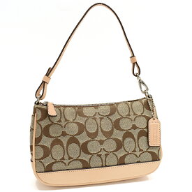 【中古】コーチ アクセサリーポーチ ハンドバッグ 6094 シグネチャー ジャガード キャンバス レザー ベージュ ゴールド金具 COACH[美品][送料無料]