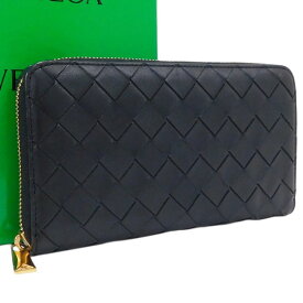 【中古】新品同様 ボッテガ 長財布 608053 ブラック系 レザー イントレチャート RFID 箱 BOTTEGA VENETA [送料無料]