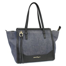 【中古】フェラガモ トートバッグ エイミー EZ-21 F759 ガンチーニ デニム×レザー ネイビー Salvatore Ferragamo[送料無料]