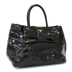 【中古】プラダ トートバッグ BN1601 エナメルブラック ゴールド金具 リボン 肩掛け PRADA[美品][送料無料]
