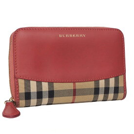 【中古】バーバリー ラウンドファスナー財布 レザー×キャンバス ピンク×ベージュ チェック柄 レディース BURBERRY [送料無料]