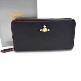 【中古】新品同様 ヴィヴィアンウエストウッド ファスナー長財布 ラウンド 55VV339 レザー レディース ネイビー×レッド Vivienne Westwood [美品][送料無料]