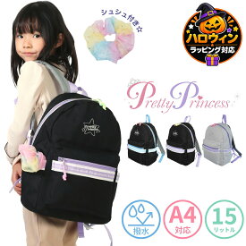 女の子 リュック デイパック Pretty Princess プリティプリンセス 可愛い 低学年 高学年 通学 遠足 塾 キャンプ 帰省 オーロラ 星 黒 グレー グラデーション シュシュ付き 15L