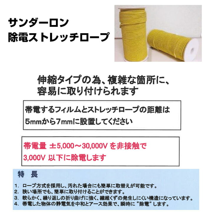 楽天市場 サンダーロン除電ストレッチロープ50m巻 マグネット10個セット 除電ロープ 除電紐 静電気除去 静電気防止 帯電防止 刃物 手袋屋