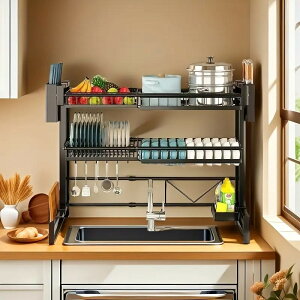拡張可能なキッチン乾燥ラックと調理器具ホルダー、皿・カップ・カトラリー用の2段式引き出し式カウンタートップオーガナイザー、ブラックメタル防水デザイン、スペース節約シンク収納
