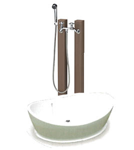 立水栓ユニット/水栓柱+パンセットシャワープレイスレヴウッドタイプ・給水用・給湯用・シャワーヘッド付水栓金具(カランパイプ無し)・ペットバス(FRP製)送料代引き手数料無料犬 猫 ペッ