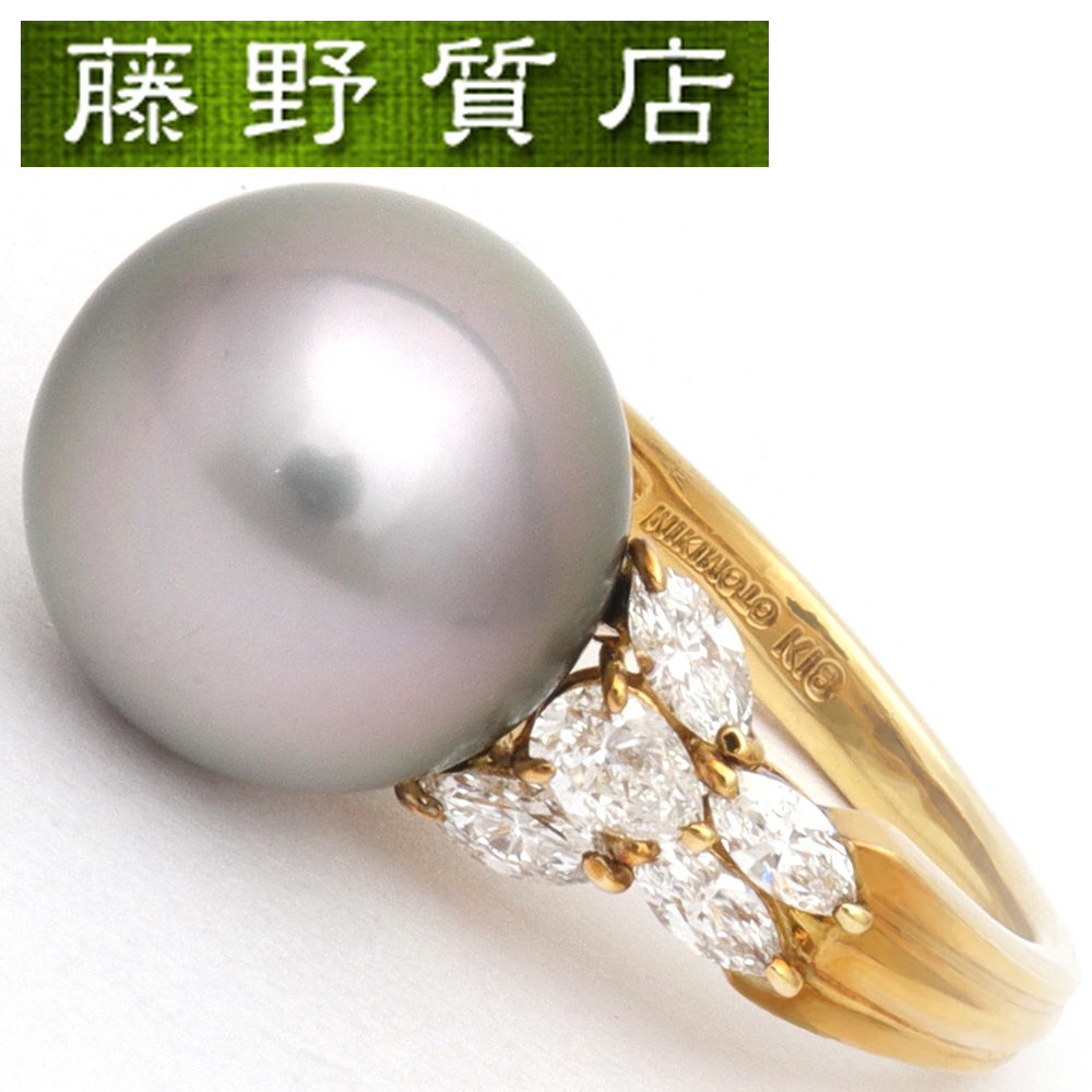 ミキモト MIKIMOTO ブラックパールリング(約9号) 12.9mm玉 K18イエローゴールド×黒真珠×ダイヤモンド 0.93ct  8559