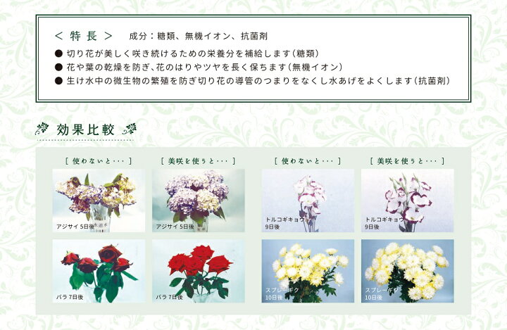 楽天市場 Oatアグリオ 美咲プロ 2 5l 切花延命剤 栄養剤 お花 切り花 長持ち 鮮度保持 栄養 全ての切り花 枝物 葉物に利用可能 バラ ガーベラ カーネーション には特にオススメ 抗菌剤 水替え不要 Fujiパッケージプラザ 楽天市場店