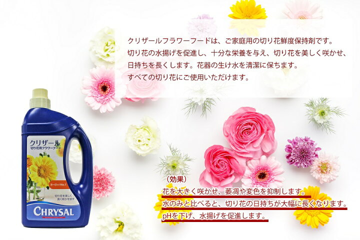 楽天市場 クリザール 切り花用 延命剤 1l 12本 ケース販売 切り花鮮度保持剤 フラワーフード すべての切り花に使用可能 花を大きく咲かせる 萎凋や変色を抑制 Fujiパッケージプラザ 楽天市場店