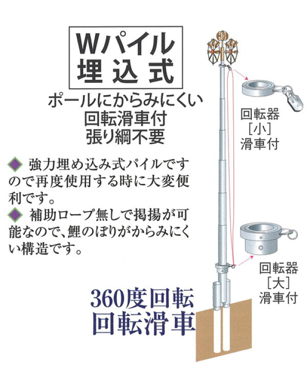 楽天市場 鯉のぼり掲揚ポール 埋め込み式 １２ｍ ６ｍ鯉用 張り綱不要 絡みにくい回転滑車付き ポール単品 ポールのみ 藤田人形楽天市場店