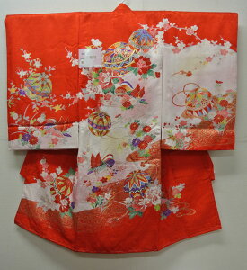 お宮参り 着物 祝着 新品 女の子 正絹 赤色系『小桜 』