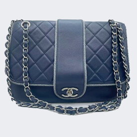【中古】美品 CHANEL シャネル ショルダーバッグ マトラッセ ブレード編み 縁取り チェーンショルダー ネイビー 紺 シルバー金具 ラムスキン 27番台
