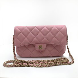 【中古】シャネル CHANELマトラッセ ラムスキン チェーンウォレット ピンク ゴールド金具 31番台 内部ファスナーポケット フラップ 長財布 ショルダーバッグ