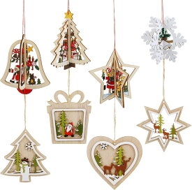 クリスマス 飾り 8セット オーナメント クリスマスツリー オーナメント 飾り 木製 ストラップ 3D 立体 8デザイン デコレーション ドロップ サンタ 雪の結晶 鹿 8個入れ 装飾 飾り付け 紐付き クリスマス プレゼント