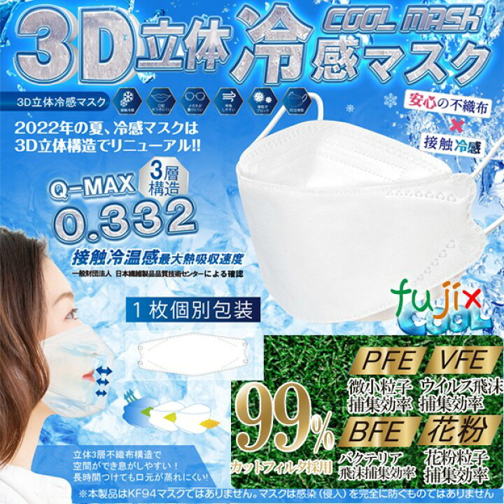 【ポイント5倍 要エントリー】3D立体冷感マスク 30P 白色（ホワイト） 30枚／箱 高機能99%カット 接触 冷感 不織布マスク ひんやり マスク 夏用マスク 夏マスク 使い捨て【在庫あり】冷感マスク 業務用消耗品通販 