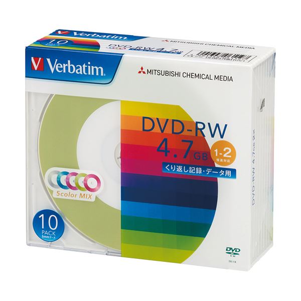 カラーミックスのデータ用DVD-RWです。 （まとめ）バーベイタム データ用DVD-RW4.7GB 1-2倍速 5色カラーMIX 5mmスリムケース DHW47NM10V1 1パック（10枚）〔×5セット〕 【北海道・沖縄・離島配送不可】