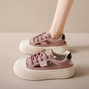 スニーカー レディース 厚底 カットオフ サンダル風 シューズ かわいい 個性的 通気性 紐あり 白 紫 ピンク 黄色 バイカラー 無地 レトロ カジュアル 運動 靴 くつ フラット 5cm ヒール