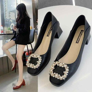 パンプス 太ヒール レディース シューズ ビジュー スクエア きれいめ 靴 クツ ベージュ 黒 赤 オフホワイト 無地 韓国風 パンプス 4.5cm ヒール かっこいい ビジネス 通勤 PUレザー 革 くつ お呼