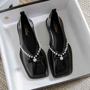 レザーシューズ ローファー レディース カッター靴 革靴 フラットヒール パール シック リボン スクエアトゥ 合皮 女性用 秋 冬 きれいめ シンプル 多用途 仕事 通学 お出かけ 女子会 デート