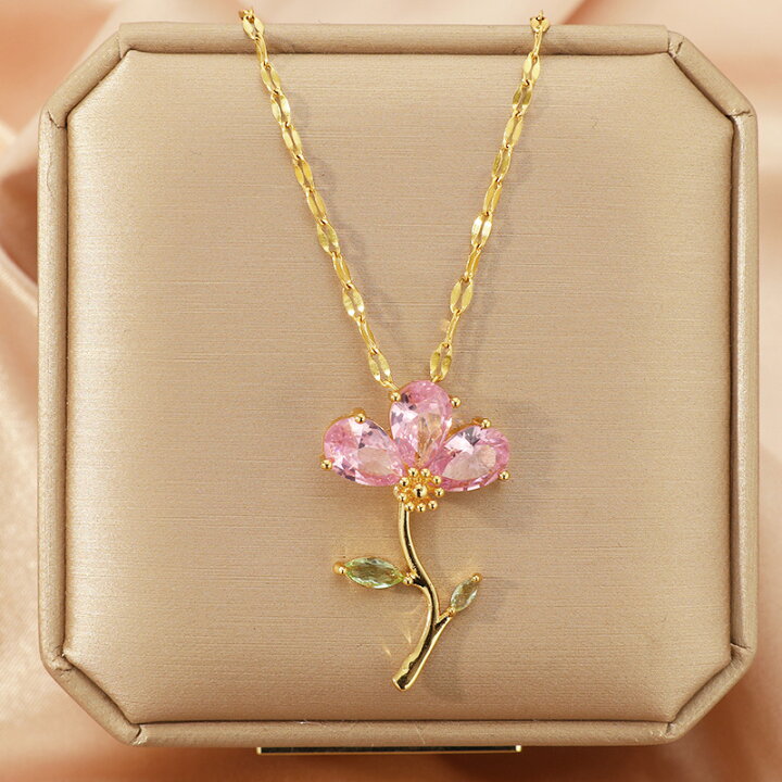 楽天市場】ピンク ジルコニア リーフ 葉 フラワー 花 ネックレス 