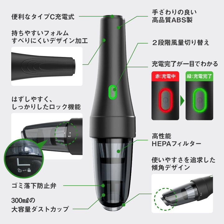 楽天市場 ハンディクリーナー 車 コードレス 掃除機 ハンディ 車用掃除機 充電式 強力 低騒音 吸引力 カークリーナー 乾湿両用 軽量 コードレス掃除機 電動空気入れ 電動エアポンプ エアダスター 海水浴 キャンプ フクアレ
