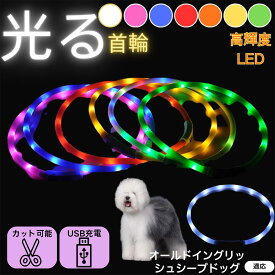 【5倍ポイント】 オールドイングリッシュシープドッグ犬 ペット用 光る首輪 犬 猫 LEDライト USB充電 レインボー発光 7色切替 夜間散歩 事故防止 防水仕様 柔らか素材 痛くない 首輪 小型犬 中型犬 大型犬 調節可能 ナイトウォークライト