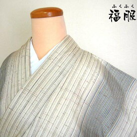 【中古】特選 紬 正絹 生成り地に縞文様 単衣着物 裄64 Mサイズ あす楽 送料無料