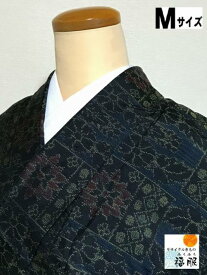 出店22周年記念クーポン/【中古】紬 正絹 黒地に絣格子文様 裄64 Mサイズ 袷着物 あす楽 シーズン春