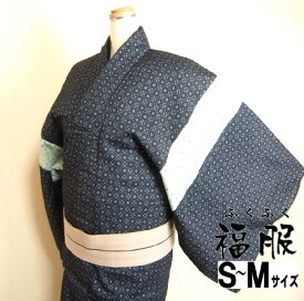 【中古】紬 男物 交織　黒地に花菱文様 単衣 裄73 S～Mサイズ【福服特製】リメイク