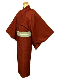 20％OFFクーポン対象/新品 単衣 単衣の着物 浴衣 男物 化繊 赤色地に格子模様 裄72 Lサイズ 吸湿速乾 防シワ ポリエステルゆかた