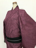 新品 Lサイズ 小紋 男物 化繊 臙脂地に幾何学模様 単衣着物 洗える着物
