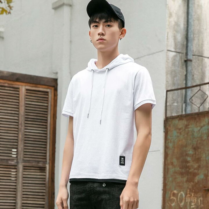 楽天市場 全4色 5サイズ 夏新作 半袖tシャツ メンズ フード付きtシャツ Tシャツ メンズ フード付き 半袖パーカー プルオーバー トップス シンプル 無地 夏服 夏物 福見る店